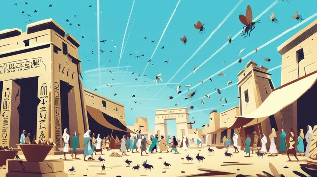 Exodus : Biblical Illustration: Gnats Causing Chaos in Egyptian Marketplaces, Exodus Narrative, The Third Plague, Flat Design, Detailed Religious Artwork for Faith Education and Teachings