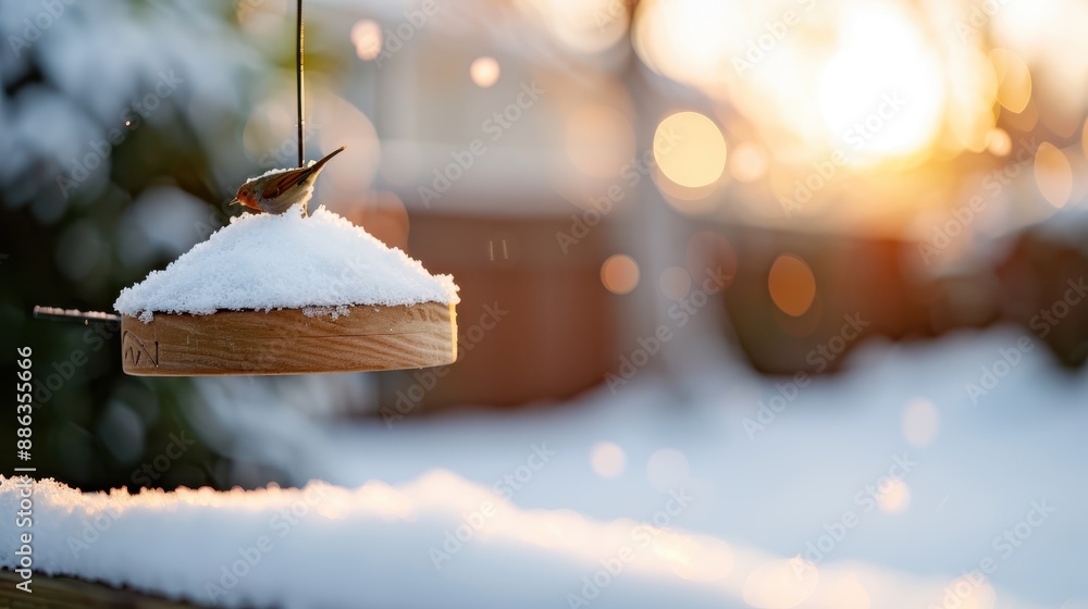 Poster a tiny bird feeds on a snow-covered feeder in a peaceful backyard, surrounded by sparkling snowflake