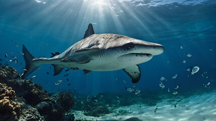 Fototapeta premium hammerhead whale swimming underwater under sea life with bubbles and sunbeams in blue deep water, sea life wide banner poster with copy space