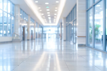 A spacious, well-lit corridor in a modern building with shiny floors and glass walls, providing a clean and airy feel.