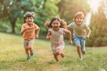 Fototapeta premium Three children running towards the camera on a grassy path in a park, smiling and having fun, representing joy and friendship.