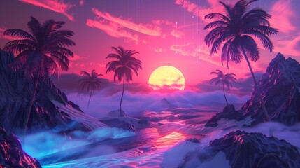 A neon neon landscape with palms and sunset in vaporwave