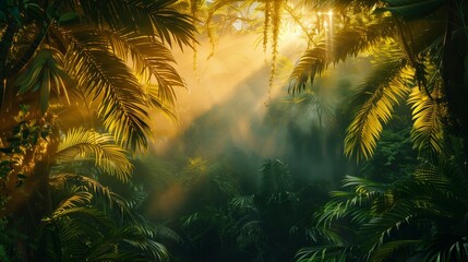 Dark rainforest, sun rays through the trees, rich jungle greenery.