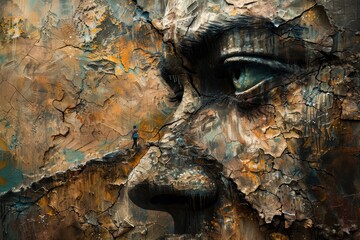 A painting of a mans face with prominent cracks in the paint, symbolizing strength and resilience, Depicting strength and resilience in the face of adversity