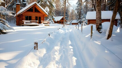 Rustic wood cabins nestled in a snowy forest create a picturesque winter scene, with snow-covered paths leading to cozy retreats, evoking a sense of warmth and tranquility in the cold.