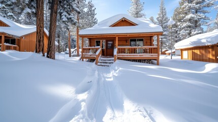 A cozy wooden cabin with a snow-covered front porch, set in a snowy landscape with trees around, showcasing a peaceful winter retreat ready for a warm, quiet getaway.