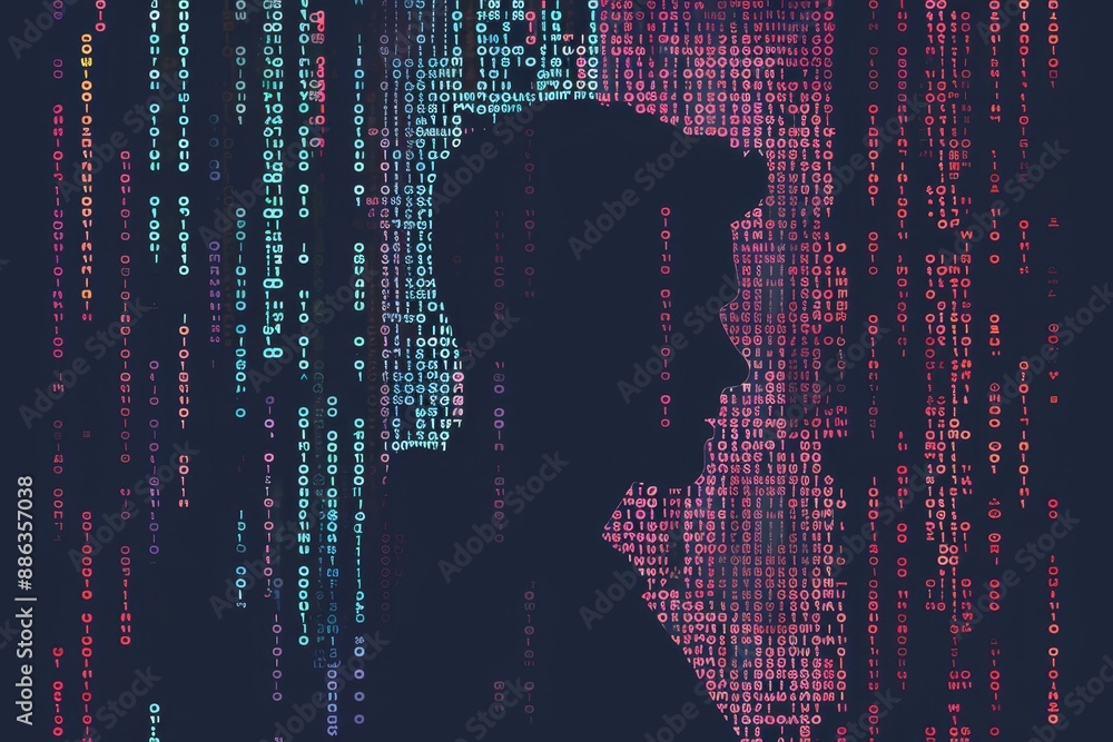 Poster silhouette of man against colorful binary code background, depicting the importance of data anonymiz