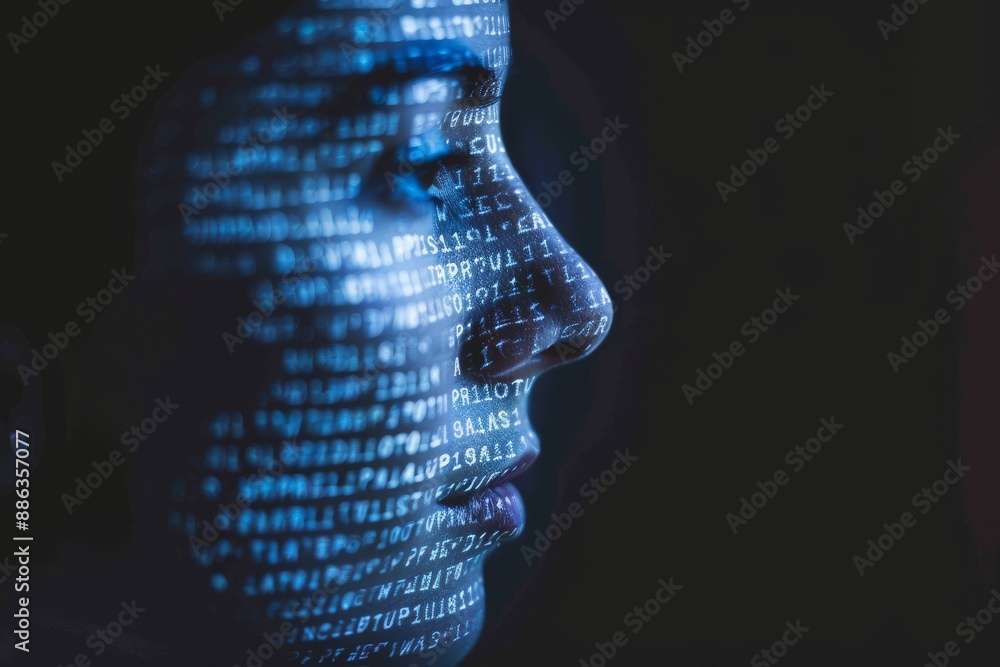 Poster close-up of a womans face covered in binary code, symbolizing the importance of data security and pr