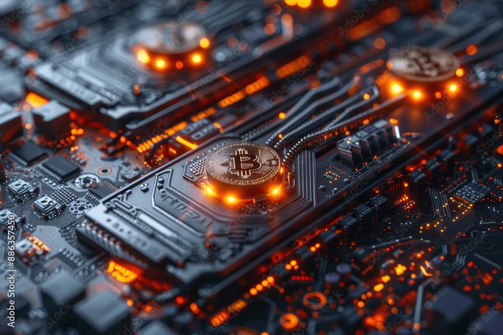 Poster bitcoin close up on computer chip, depicting the relationship between electricity consumption and cr