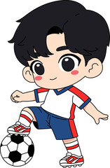 Cute cartoon boy playing soccer with a soccer ball, wearing a sports outfit.