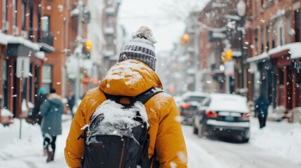 In a city street covered with snow, a person wearing a bright yellow jacket and carrying a black backpack walks while the snowflakes are falling down.