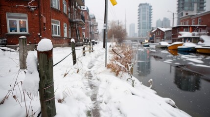 Fototapeta premium A snow-covered path runs alongside a canal in an urban setting. The photo features buildings, boats, and a serene view of the cityscape blanketed in snow.