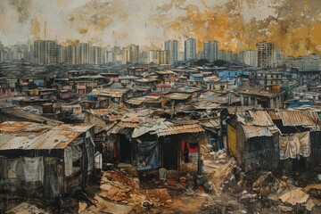 A painting portraying a slum area with numerous shacks, highlighting the stark contrast between poverty and luxury, Depicting the sharp contrast between luxury and poverty in urban landscapes