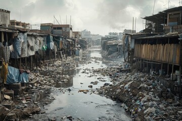 Footage of poverty-stricken slums in Hyderabad, Pakistan, showcasing the stark living conditions of residents, Depicting the sharp contrast between luxury and poverty in urban landscapes