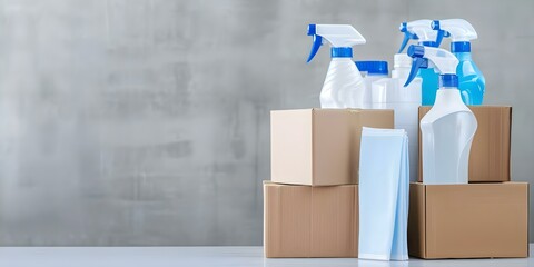 Moving Preparation Organizing with Cardboard Boxes and Cleaning Supplies. Concept Moving Preparation, Organizing, Cardboard Boxes, Cleaning Supplies