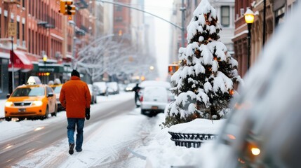 Obraz premium A person in an orange coat walking down a snowy urban street, featuring a snow-covered Christmas tree, a yellow taxi, and classic city buildings in the background.