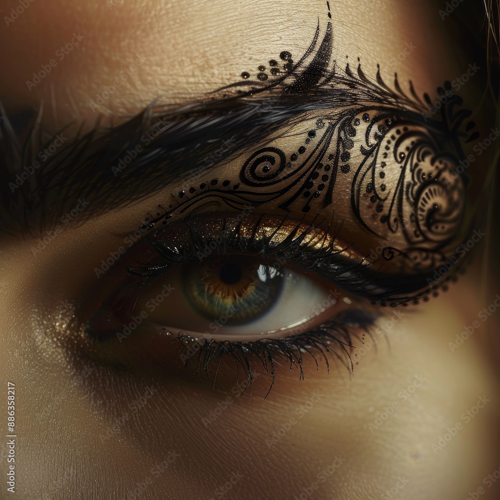 Aufkleber close-up of a womans eye decorated with intricate henna design patterns, design a brows plug with in