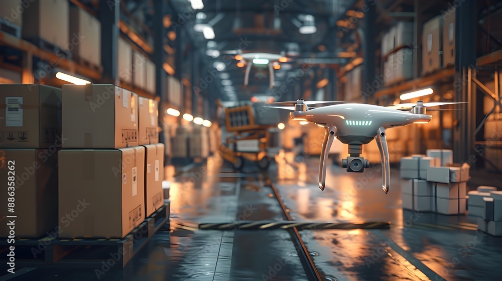 Poster futuristic e commerce warehouse with robots and drones handling packages representing advanced logis