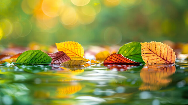 A carpet of vibrant red and yellow autumn leaves paints the still water's surface
