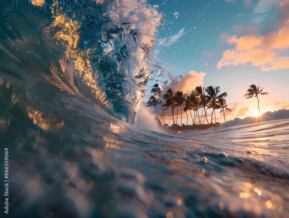 Poster Underwater View of Ocean Wave with Palm Trees at Sunset