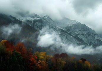 Fototapeta premium Misty Mountainside with Autumn Colors in Slovenia