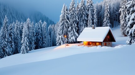 A cozy snow-covered cabin with warm lights glowing, surrounded by tall pine trees in the forest during blue hour, creating a serene winter evening scene.