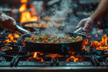 A bustling kitchen scene with chefs working diligently at the stove, where various vegetables are steaming in pans, creating a dynamic and mouth-watering ambiance.