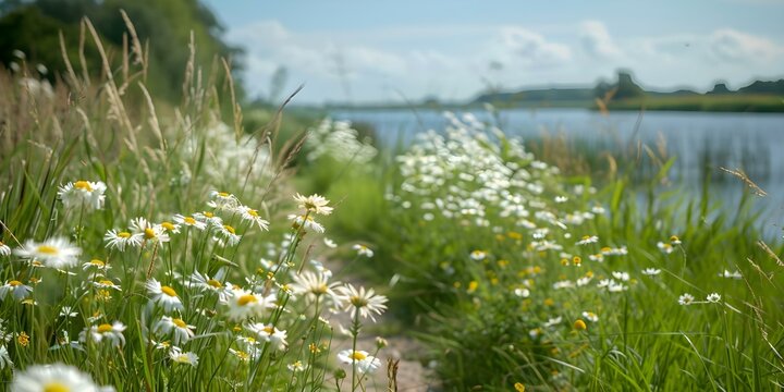 Exploring a Dutch dike path adorned with wildflowers and tall grass. Concept Dutch Dike Path, Wildflowers, Tall Grass, Scenic Views, Nature Walk