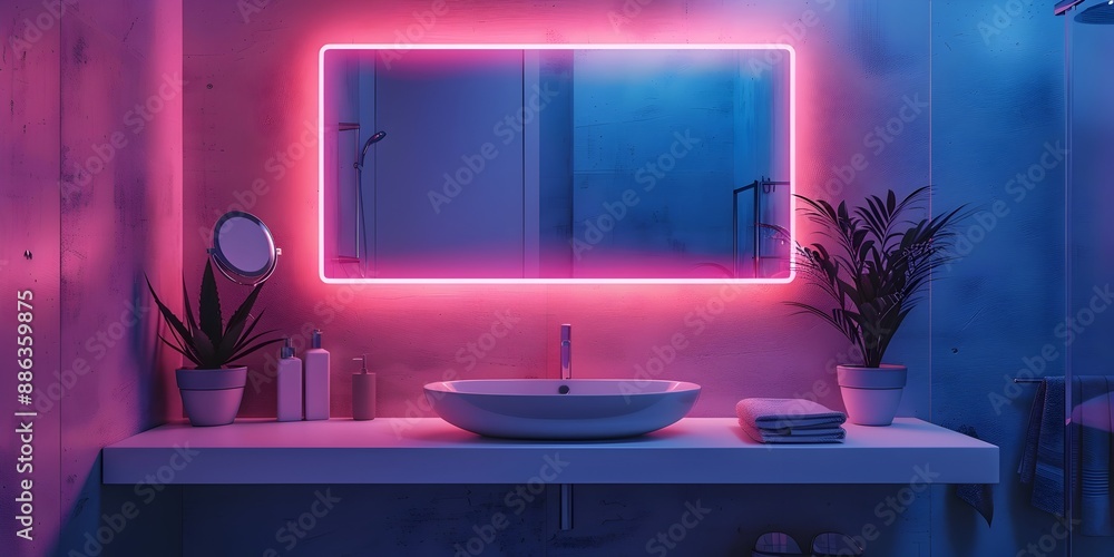Poster sleek smart mirror with neon interface for modern home tech display