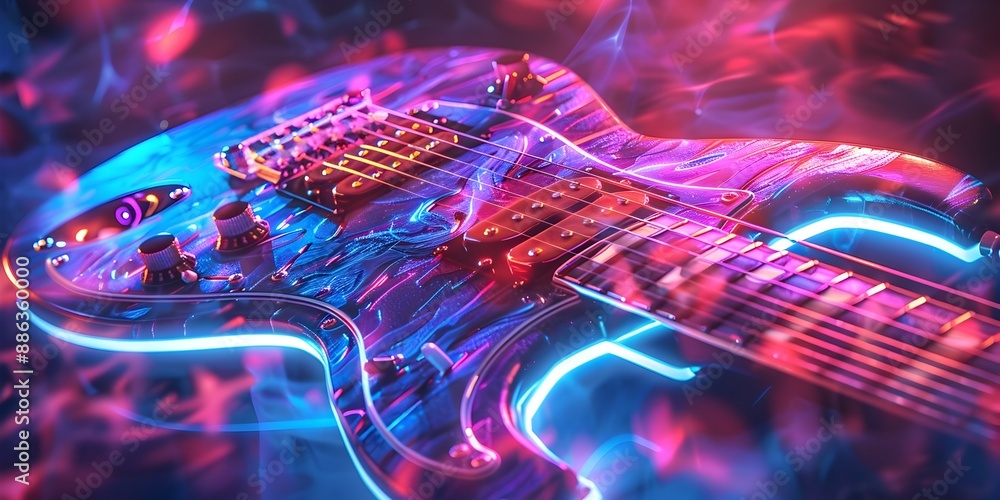 Poster electrifying electric guitar with neon strings in dynamic performance on vibrant tech infused backgr