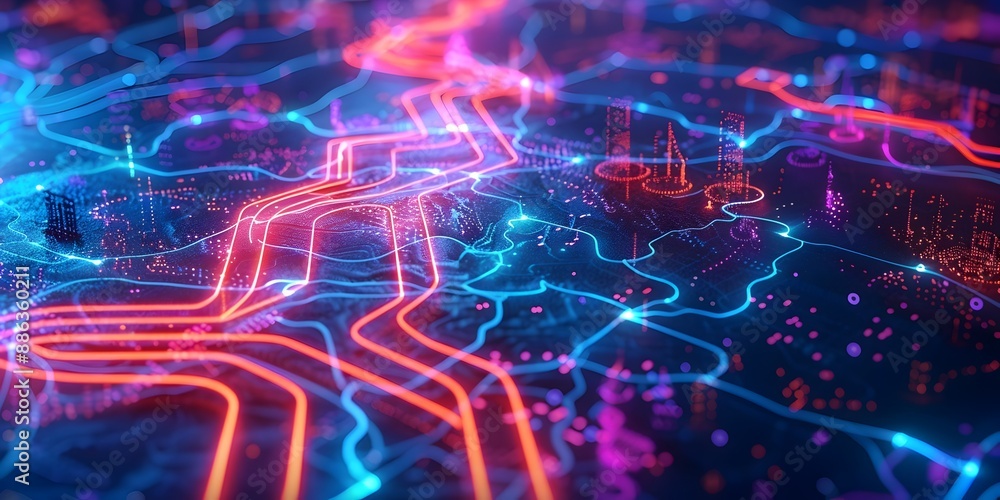 Poster neon holographic futuristic map advanced tech digital navigation concept for product display