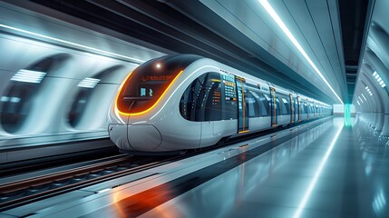 Futuristic transport hub in Japan featuring hyper realistic automated trains and smart roads set against a minimalist white background with detailed infographic elements and writing space