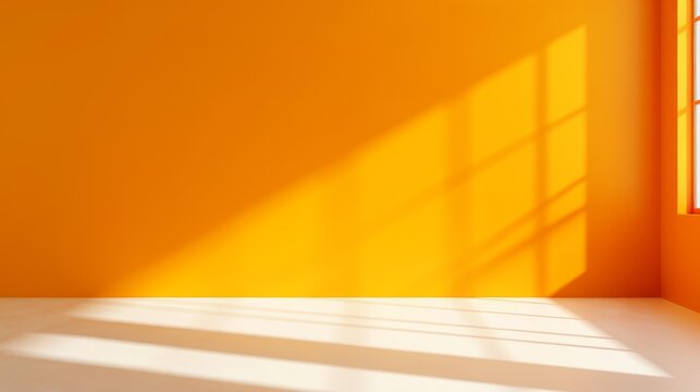 Minimalist orange room with sunlight casting shadows through a window. Perfect for backgrounds or design inspirations.