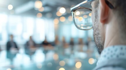Rear view of a professional person wearing glasses in a modern office, highlighting focus and concentration during a business meeting.
