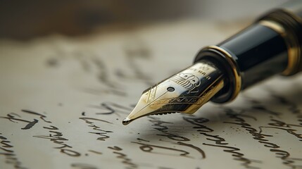 Detailed shot of a fountain pen nib writing on parchment, gold accents, ink flowing smoothly, elegant calligraphy, timeless sophistication