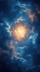 Fototapeta premium Anime-inspired dynamic sunburst, blue concentric elements, flat 2D abstract background. 