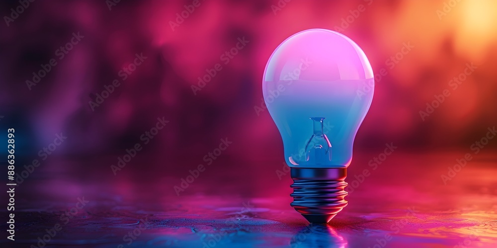 Poster glowing smart light bulb with neon interface on vibrant background for innovative home automation pr