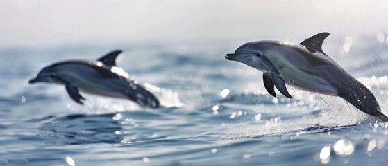 Obraz premium Two dolphins gracefully leap out of the ocean water, creating a mesmerizing scene against a blurred background of the sea.