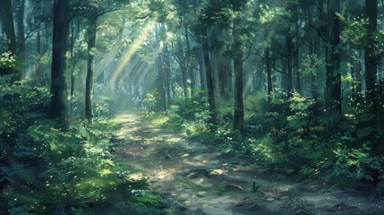 Obraz premium Forest Path Background: Serene illustration of a winding path through a lush forest, sunlight filtering through the canopy of tall trees, creating a calming dappled light effect on the ground. 