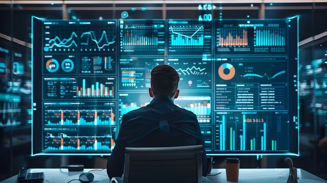Entrepreneur Analyzing E Commerce Analytics on Large Digital Dashboard in Sleek Home Office - Powered by Adobe