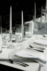wedding white posh and luxury table setting decorations with guests seat