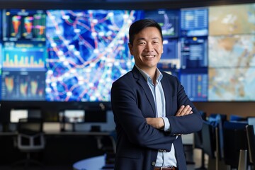 Confident Male Engineer in Smart City Control Room with Digital Screens