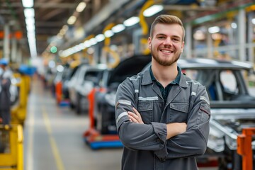 Fototapeta premium Confident Male Engineer Smiling in Automotive Factory with Car Production Line in Background