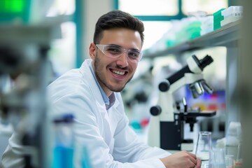 Smiling Male Engineer operating Microscopic Equipment in High-Tech Nanotechnology Lab
