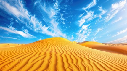 Fototapeta premium Desert Dunes Background: Vast expanse of sand dunes under a clear blue sky, with rippled textures shaping a dynamic desert landscape. 