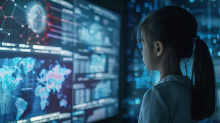 Young Girl Looking at Futuristic Data on a Large Screen.