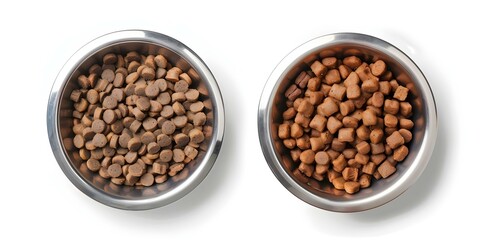 Pet bowl with pet food isolated on white background. Concept Pet Care, Animal Products, Isolated Objects, White Background, Pet Food