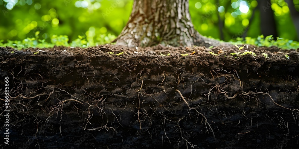Poster cross-section showing soil layers beneath a complex tree root system. concept soil layers, tree root