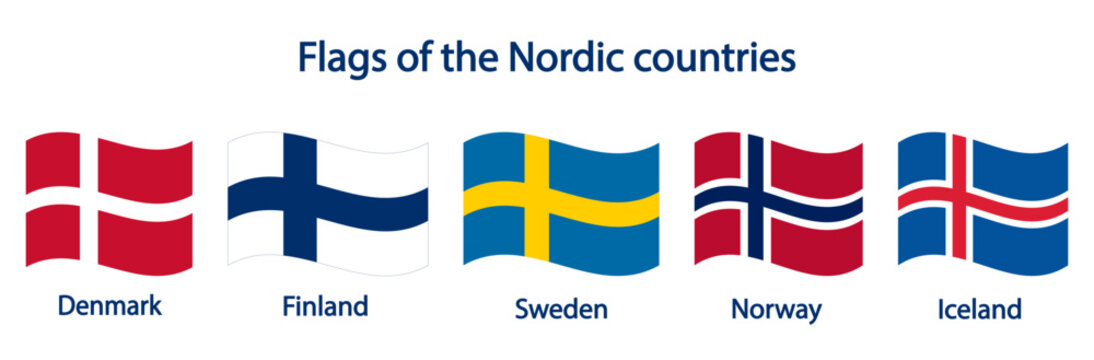 Wavy flags of Scandinavian countries isolated on a transparent background. Collection of flags of Denmark, Finland, Sweden, Norway, Iceland. Vector illustration