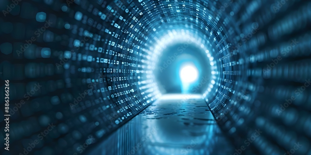 Poster futuristic cyber setting abstract digital tunnel door with light signals. concept futuristic setting